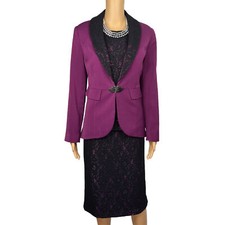 ASHRO Skirt Suit Top 8 Black Burgundy Polyester Stretch Asymmetrical 3PC NWT