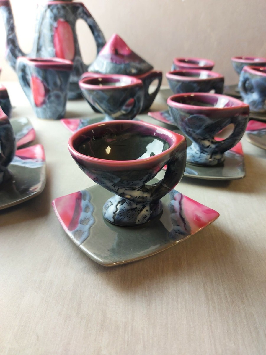 Partie De Service à Thé En Céramique Noire - Ceramony Vallauris Vintage - Tasse + Soucoupe