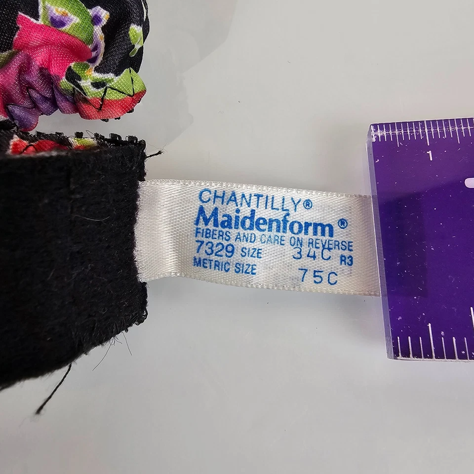 Sujetador con aros vintage Maidenform negro floral Chantilly 7387 de encaje nailon 34C Foto 3 de 3
