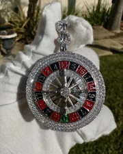 Iced Roulette Pendant 925 Silver Casino Bling CZ Stones Enamel Wheel 25g