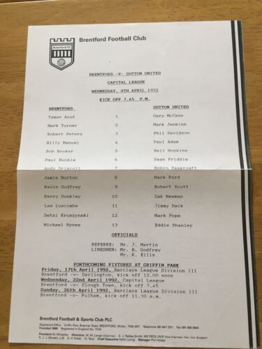 Brentford v Sutton Utd 8th April 1992 Capital League