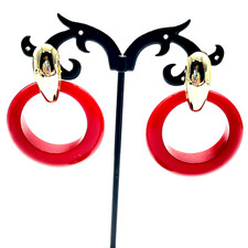 Red Convertible Hoop Earrings Gold Tone Pierced Retro Classic