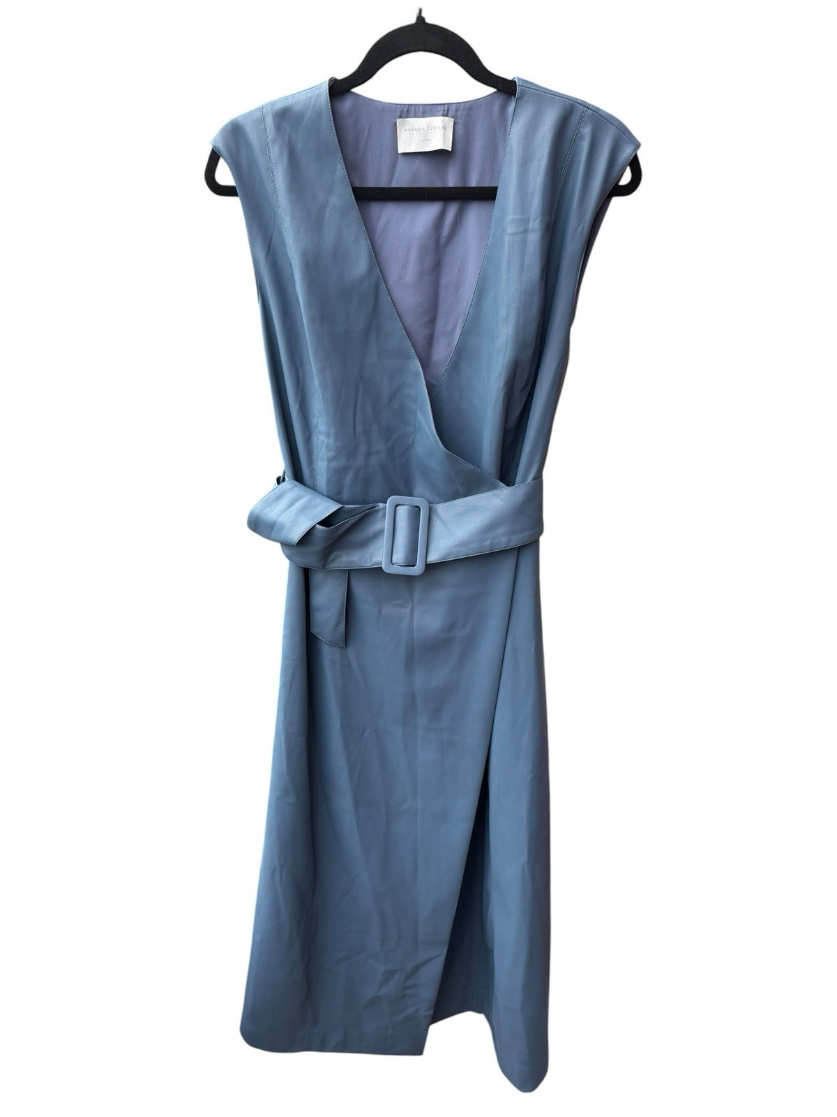 Modern Citizen Pilar Vegan Leather Wrap Midi Dress Large Slate Blue NWOT Belted