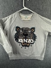 KENZO Paris Sweatshirt Pullover Graphic Print Long Sleeve Large Gray Tiger Logo