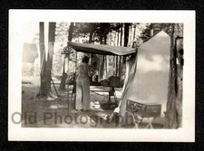 WOODS FOREST TENT CAMPING WOMAN BACK 2 CAMERS SUITCASE OLD/VINTAGE PHOTO- J939