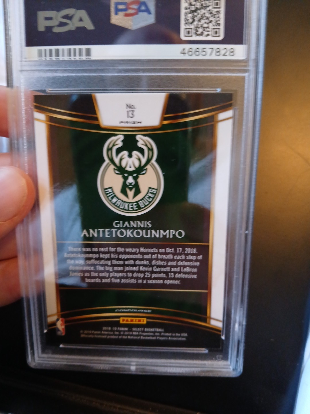 2018-19 Panini Select  Giannis Antetokounmpo #13 Tri-Color Prizm Psa 9 view 3