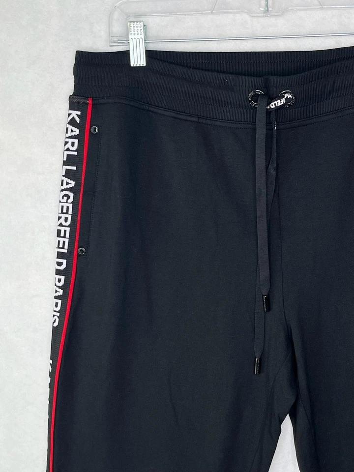 Karl Lagerfeld Paris 裤子男式大号黑色慢跑裤侧带红色装饰 L4ZF7090 — 第 3/4 张图片