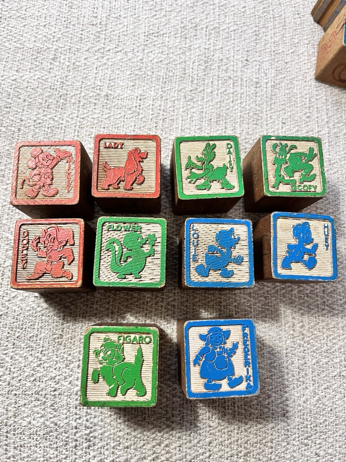 Vintage Disney Wooden Character Blocks Lot (10) —Mickey, Goofy, Daisy, Lady, Etc