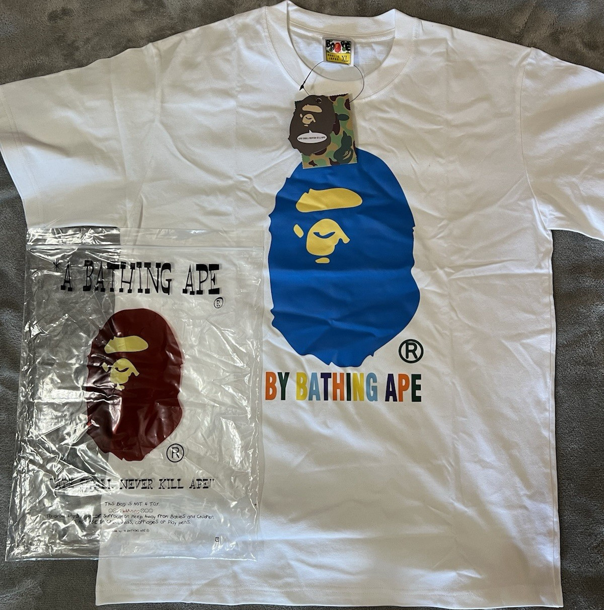 A Bathing Ape Men's White Blue Graphic Cotton Logo Short Sleeve T