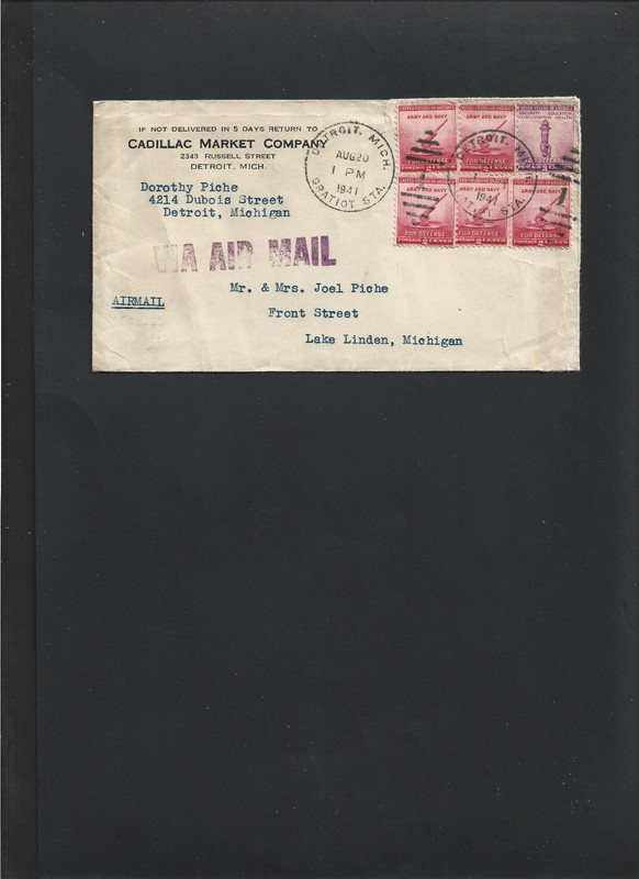COMMERICAL  ENTIRE "Cadillac Market Co., Detroit" 8-20-1941 to Lake Linden, MI.