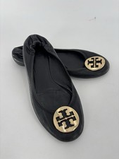Tory Burch Classic Reva Flats Womens 8M Black Gold Logo Leather Slip On Stretchy