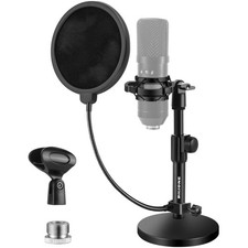 Professional Adjustable Microphone Stand with Pop Filter  Shock Mount - Black
