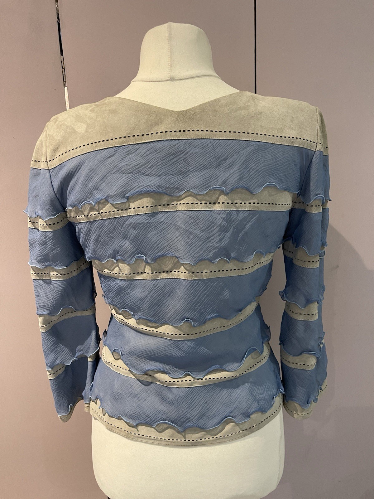 Salvatore Ferragamo Rare Beige Leather & Blue Silk Frill Jacket UK12 image 6