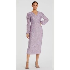 Mac Duggal 107641 Sequined V-Neck Long Sleeve Lavender Lilac Midi Dress NWT sz 6