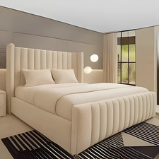 Image of New Double Winged Panel Bed Frame Plush Velvet Upholstered Gas Lift Storage 5FT