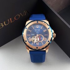 Bulova Marine Star 98A227 Men's Automatic Watch Blue Dial Blue Rubber Strap 44mm