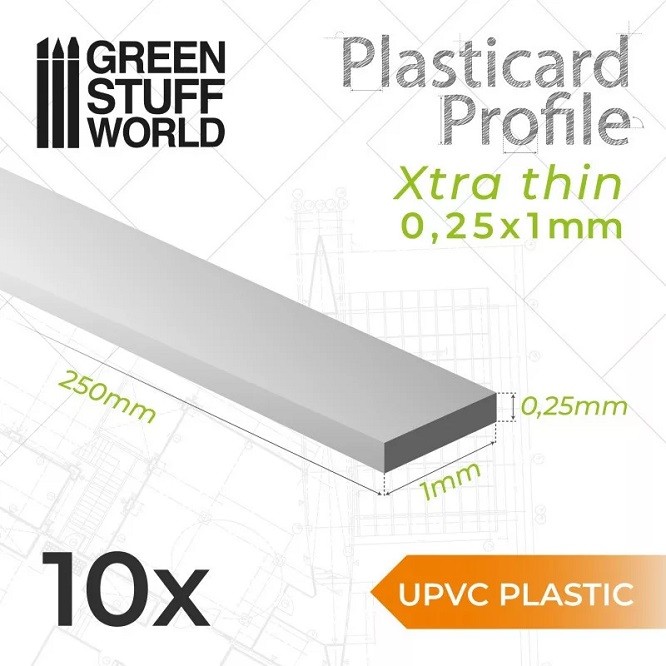 Green Stuff World GSW10823 uPVC Plasticard Profile Xtra-Thin 0.25mm x 1mm