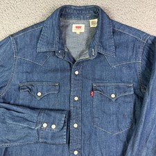 Levis Shirt Mens Small Blue Denim Pearl Snap Western Cowboy Work Flap Pockets