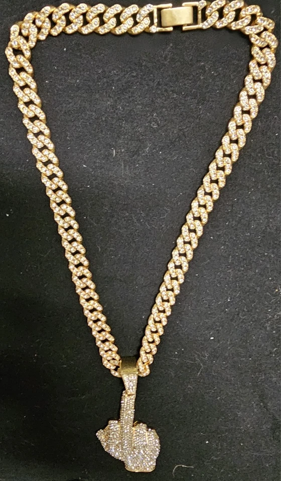 Iced Out Middle Finger Pendant Real Gold Plated - Stainles Steel Chain Hip Hop - Image 3 of 4