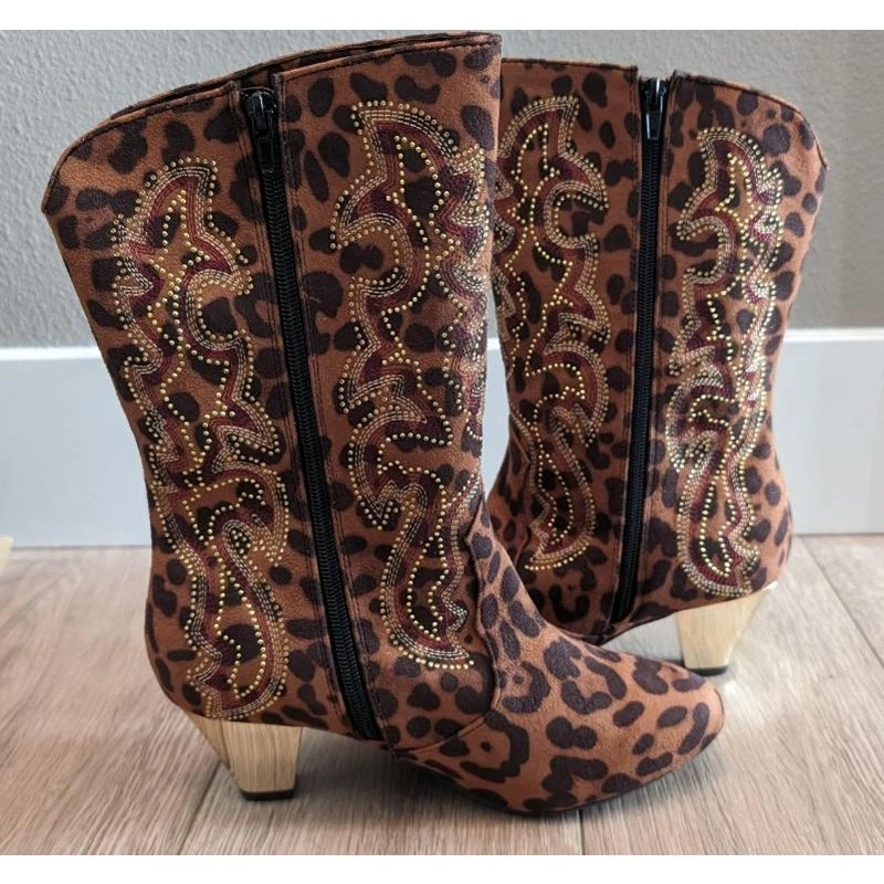 Brand New Joan Boyce Animal Print Mid-Calf Rhinestone Mirrored Heel Boots 7.5 - Image 2 of 4