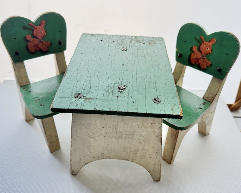 Vintage Dolls’ Painted Wood Table + 2 Chairs (not dollhouse size) for Tea Party