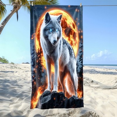 1pc of a Wolf Design Beach Towel Featuring a Full Moon - Made from Soft, Highl