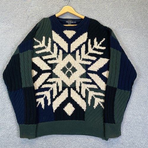 Nautica, Nautica Men's Vintage HandKnit 90s Sweater Heavy Size XL Snowflake Color Block