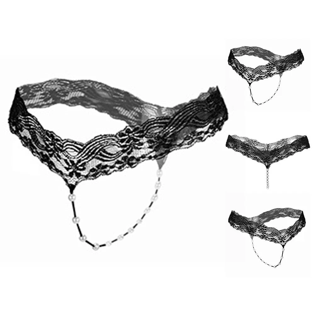 Set di biancheria intima da donna con perline in pizzo con fiocco in perle, mutandine in pizzo, perizoma, lingerie, Nero , XL Set di biancheria intima da donna con perline in pizzo con fiocco in perle, mutandine in pizzo, perizoma, lingerie, Nero , XL