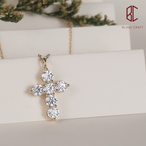 Ciondolo croce moissanite vera placcato oro 14 kt 2 ct con catena 18" argento - Video 1 di 1