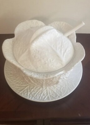 Vintage Cabbage Leaf Soup Tureen Serving Spoon + Under Plate 12'' Portugal.