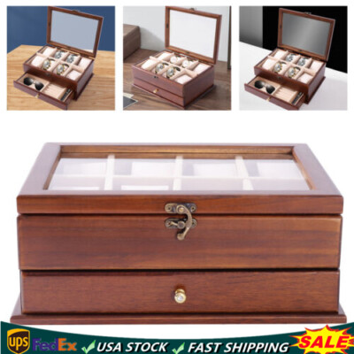 Vintage Watch Box 2 Layers Sycamore Wood Jewelry Large Storage Case Organizer