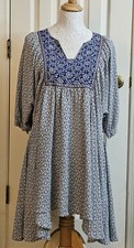 Umgee USA Multiple Print Blue Peasant Bohemian Braid Trimmed Dress Size Small