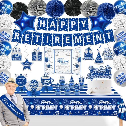 49pcs Retirement Party Decorations Blue Sliver Retirement Decorations Happy R...