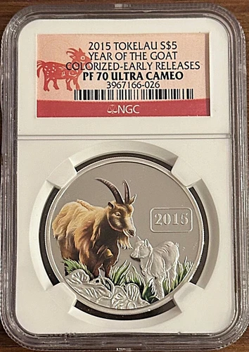 2015 Tokelau $5 1oz .999 Silver Colorized Year of the Goat ER NGC PF 70 UC #273 