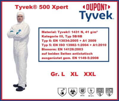 Einwegoverall Tyvek  500 Xpert Gr. L XL XXL weiß PSA III DUPONT antistatisch
