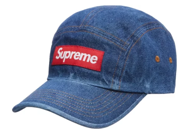 Casquette de camp en sergé chino lavé Supreme FW22 bleu denim boîte logo à la main
