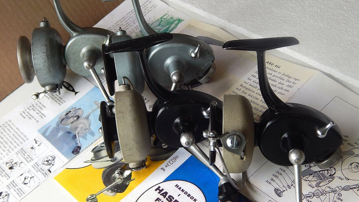 Early versions of 1950-60s' vintage ABU Record 444 spinning reels