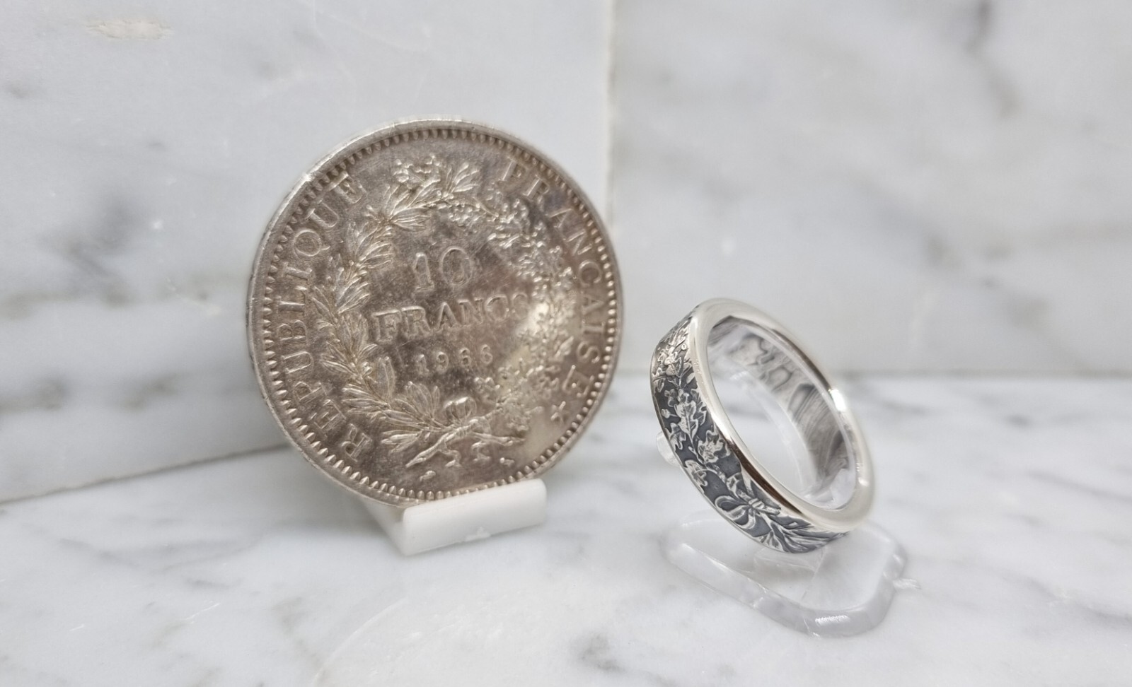 Bague pièce de monnaie 10 Francs Hercule argent, anneau coin ring style alliance vintage