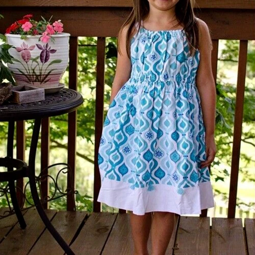 Vestido Gymboree Niñas Mezcla de Lino Aqua Verano Borla Azulejo Estampado Talla 9 Azul Blanco Foto 3 de 4