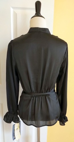 LAPIS Semi-Sheer Ruffled Black Belted Dress Blouse (M) NWT - Picture 3 of 6