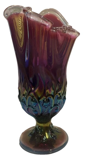 Fenton PLUM Lily of the Valley  Opalescent Iridescent Glass Handkerchief Vase