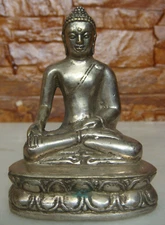 OLD VINTAGE BRONZE SILVERED HANDMADE CARVED TIBET BUDDHA STATUE