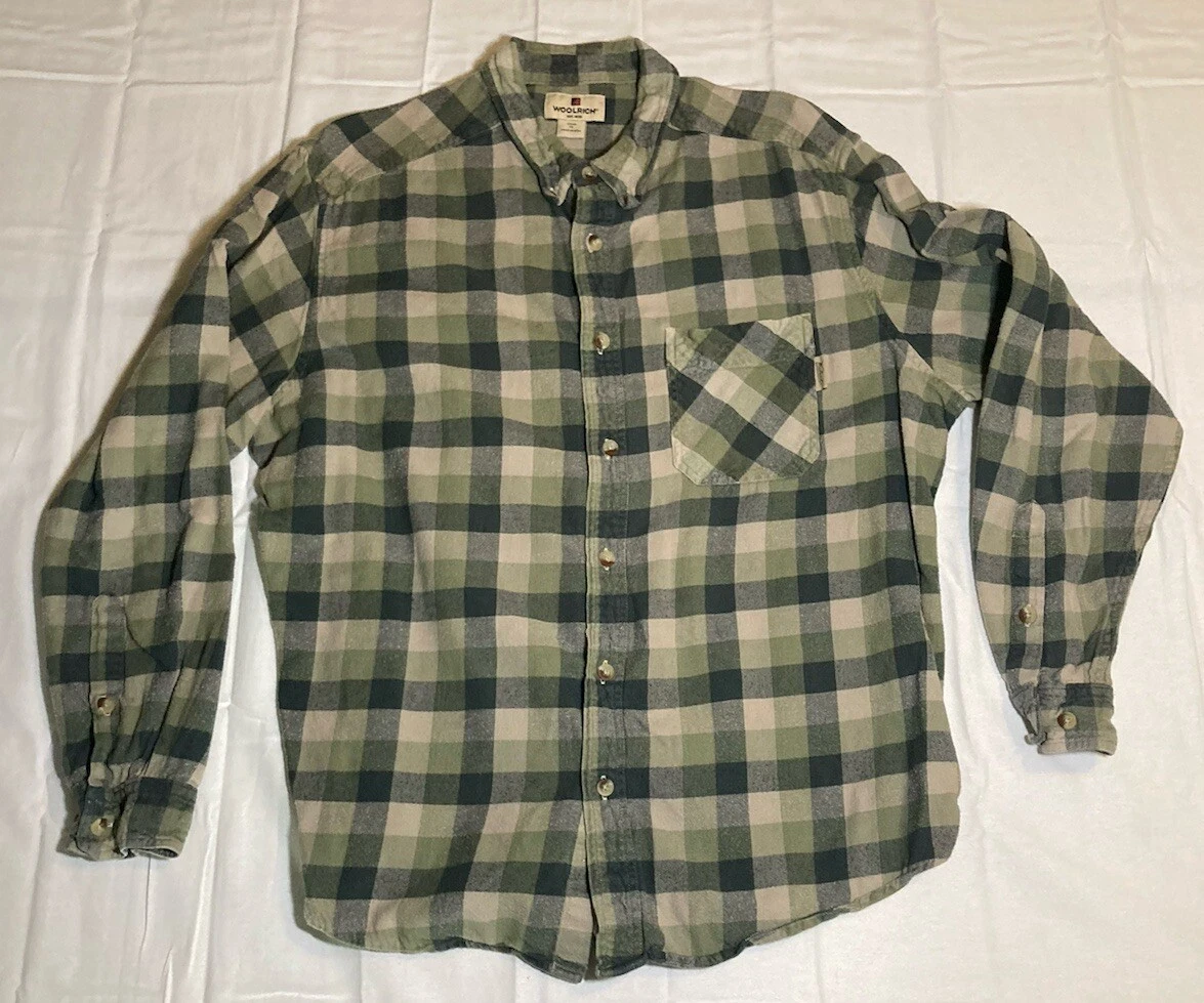 Woolrich Shirt Men’s Extra Large Flannel Green Plaid Outdoor Hiking Camping