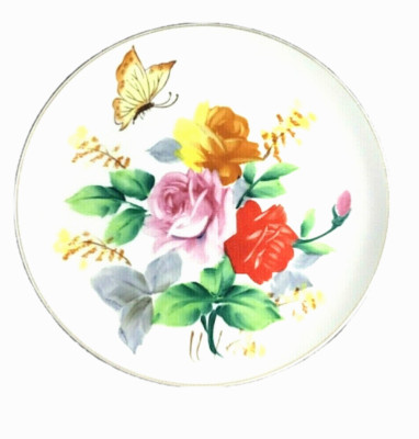Hand Painted Plate 8  Roses Butterfly Holes In Back To Add String To Hang