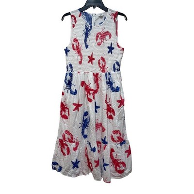 J.Crew Smocked Midi Dress Womens Medium Red White Blue Lobster Starfish  Nautical | eBay
