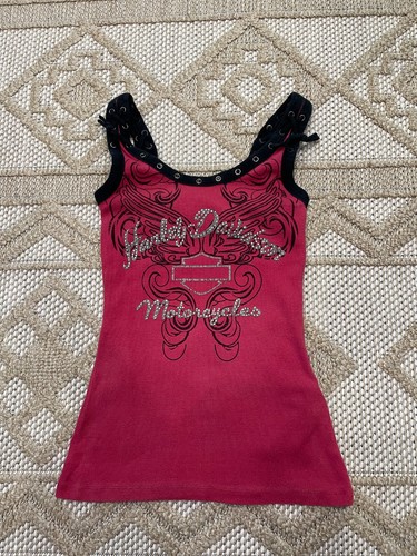 Harley-Davidson Women’s S Pink Rhinestone Lace-Up Tank Top Y2K Biker