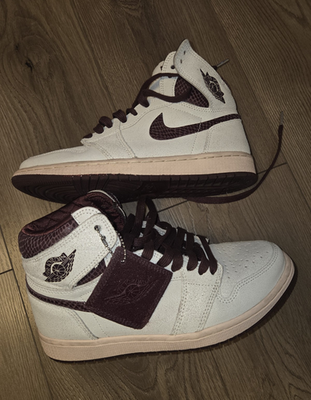#ad Jordan Air Jordan 1 High Top White Burgundy Leather Men#x27;s Basketball Sneakers $180.00