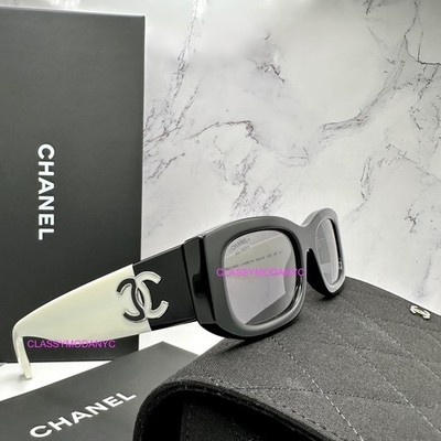 New CHANEL Black White Polarized Rectangular Square Sunglasses CC