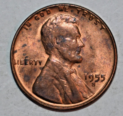 1955 S Lincoln Wheat Cent Red Penny AU Uncirculated Coin Mint State