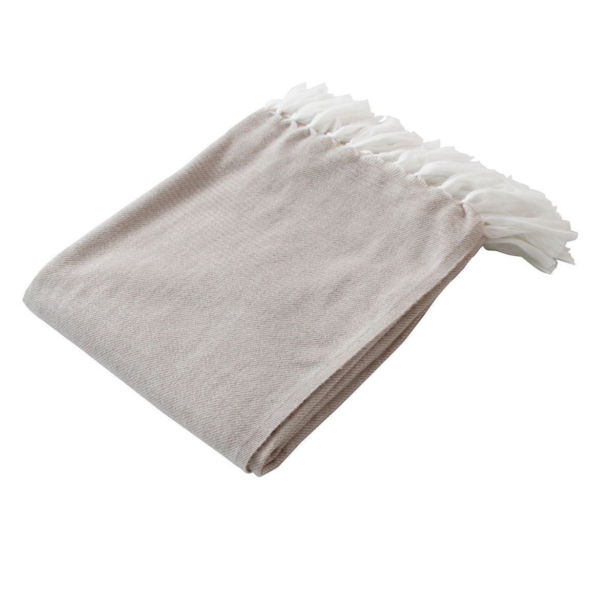 Plaid uni beige 130x150cm Dobby à franges pour canapé et lit